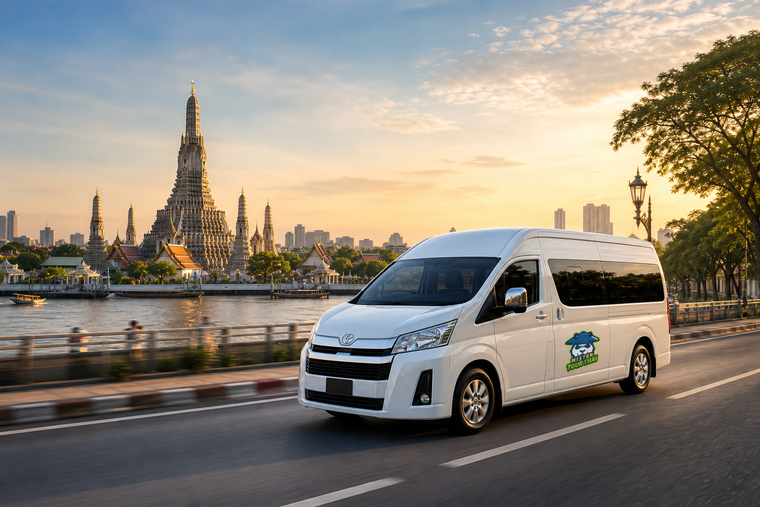 Private van near Wat Arun in Bangkok at golden hour