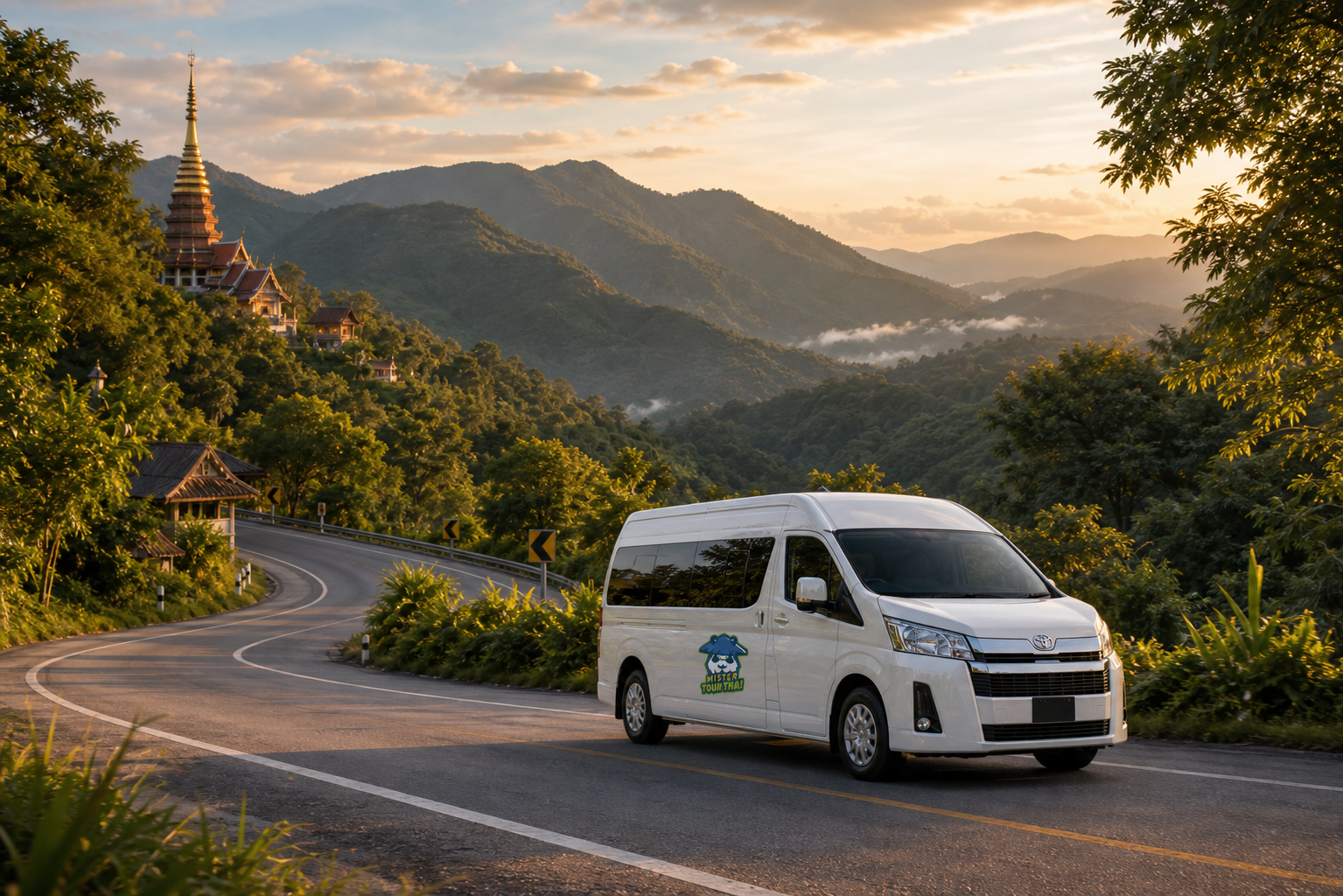 Private van on a mountain road in Chiang Mai at golden hour