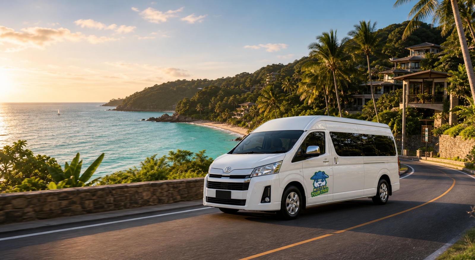 Private van on a coastal road in Phuket at golden hour