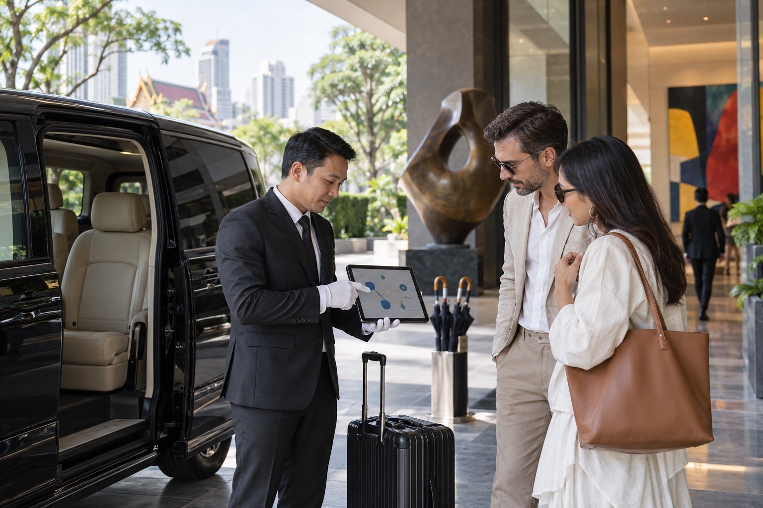 Chauffeur reviewing a Bangkok art route with private van guests