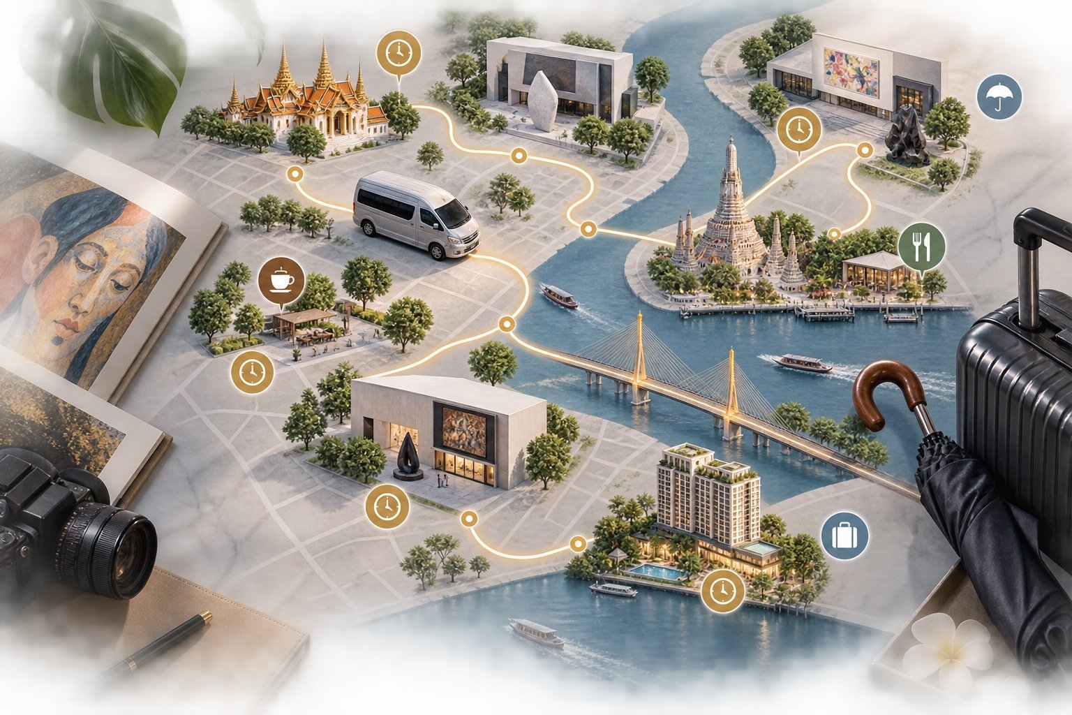 Text-free Bangkok art venue route planning visual with private van and river stops