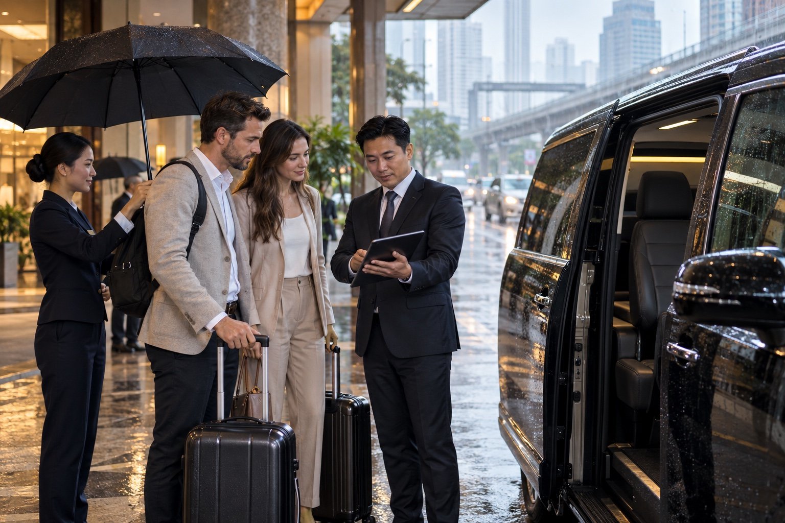 Chauffeur reviewing a rainy Bangkok route with private van guests