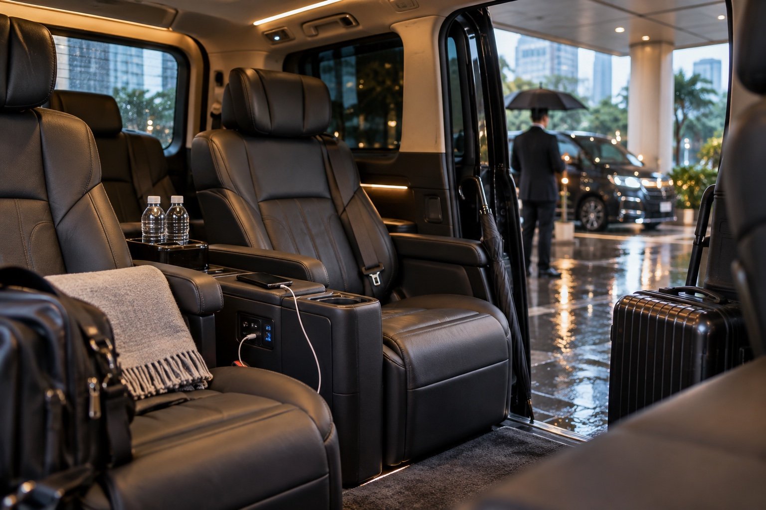 Comfortable private van interior prepared for rainy Bangkok journeys