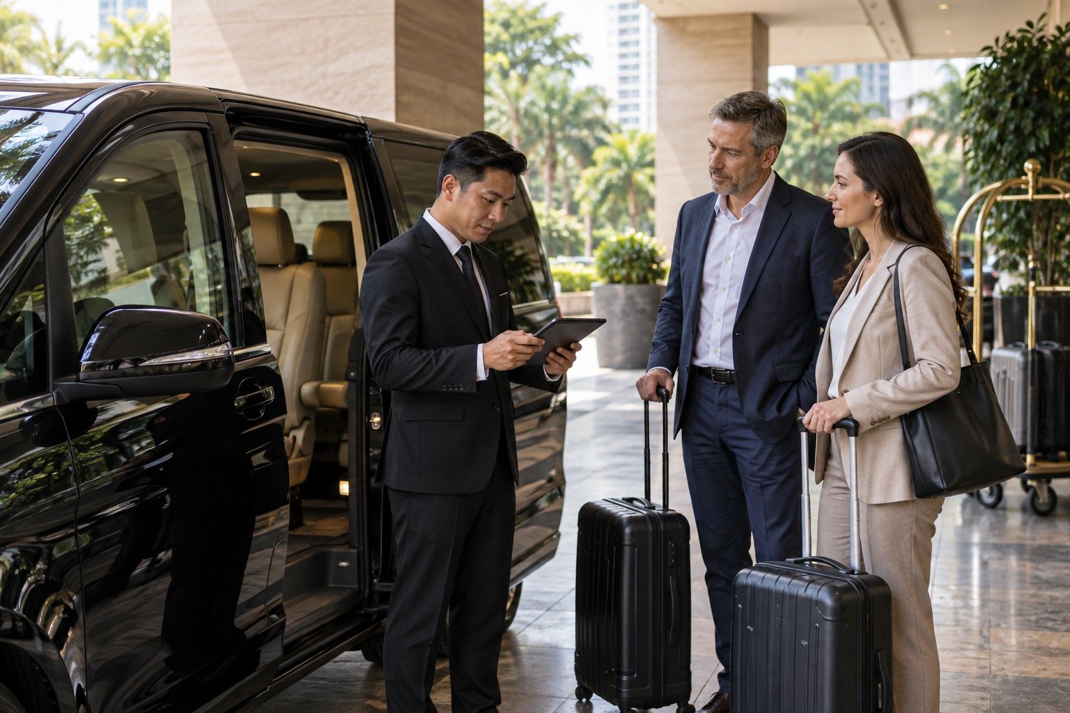 Chauffeur coordinating luggage and pickup notes for Bangkok business delegates