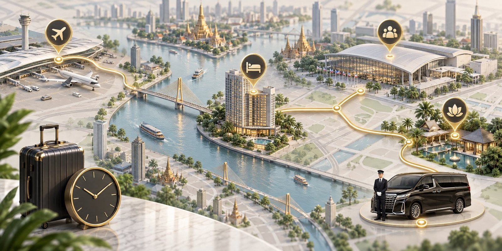Text-free Bangkok route planning visual for airport venue hotel and wellness stops