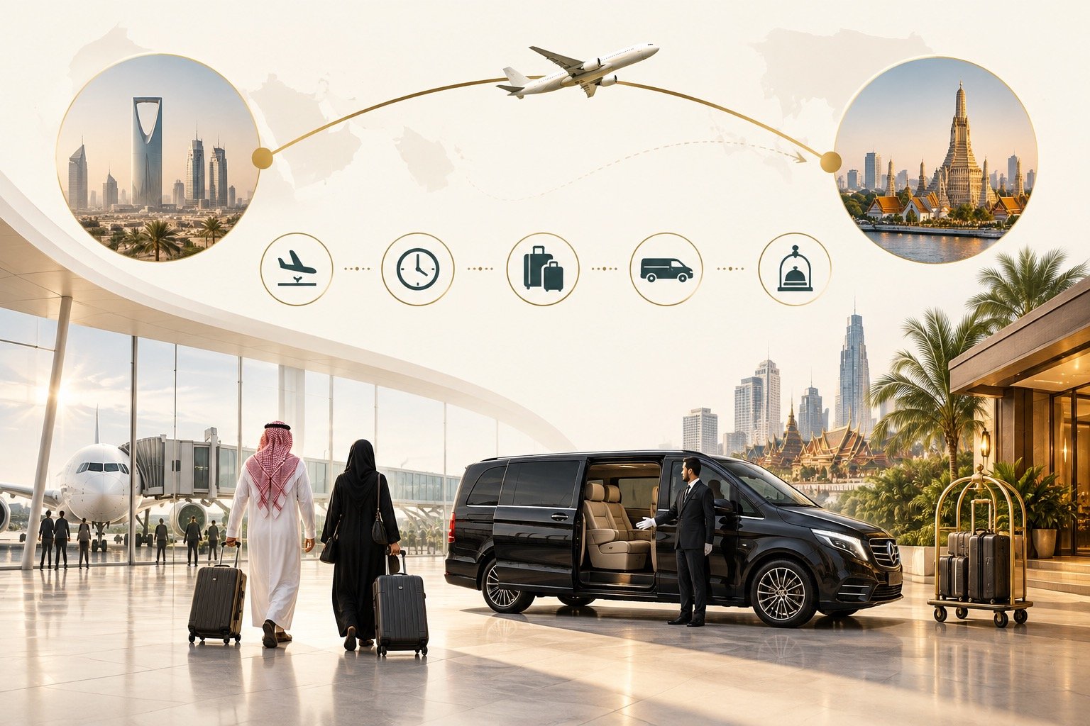 Text-free Riyadh to Bangkok route planning visual with airport and private van icons