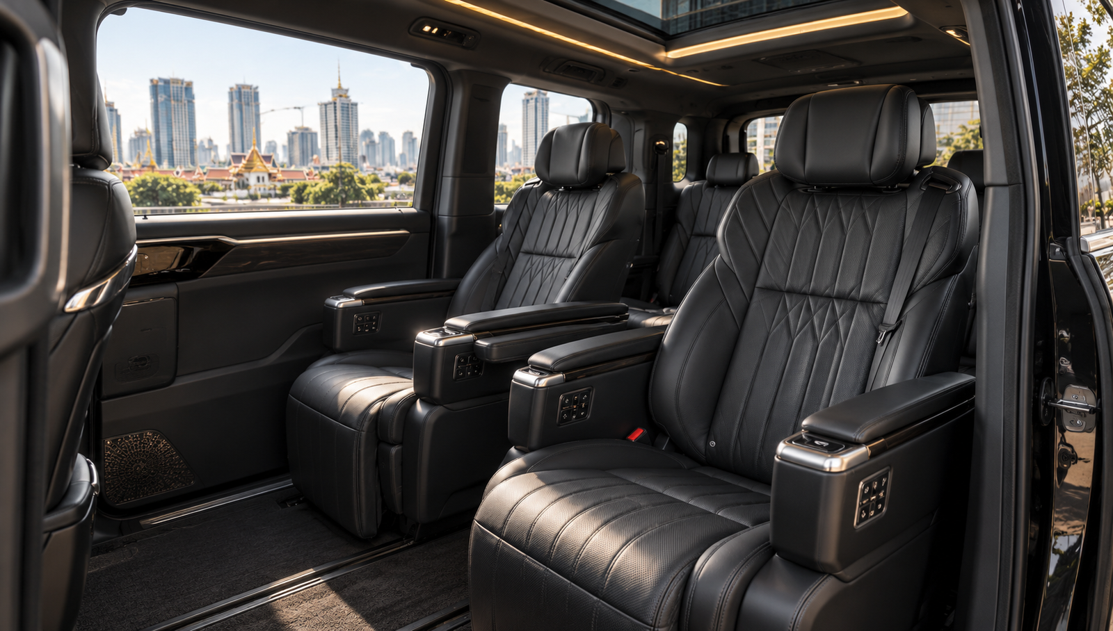 AI illustration of a black leather electric van cabin; equipment requires confirmation