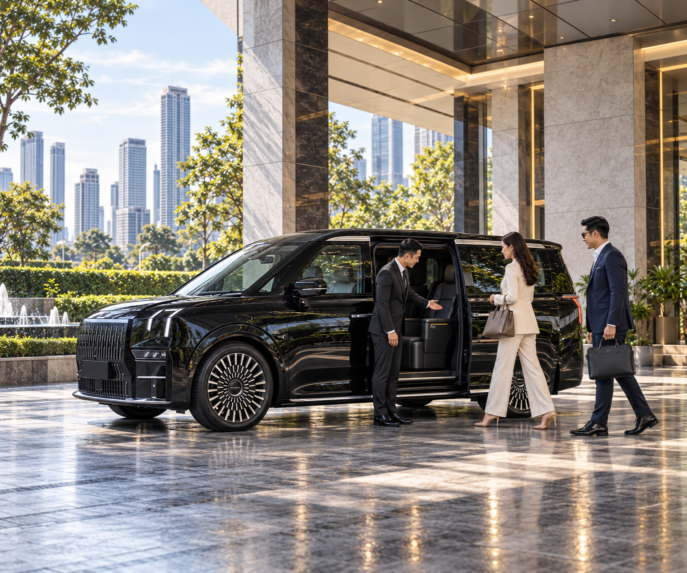 AI illustration of a black electric van, chauffeur and visitors at a Bangkok hotel