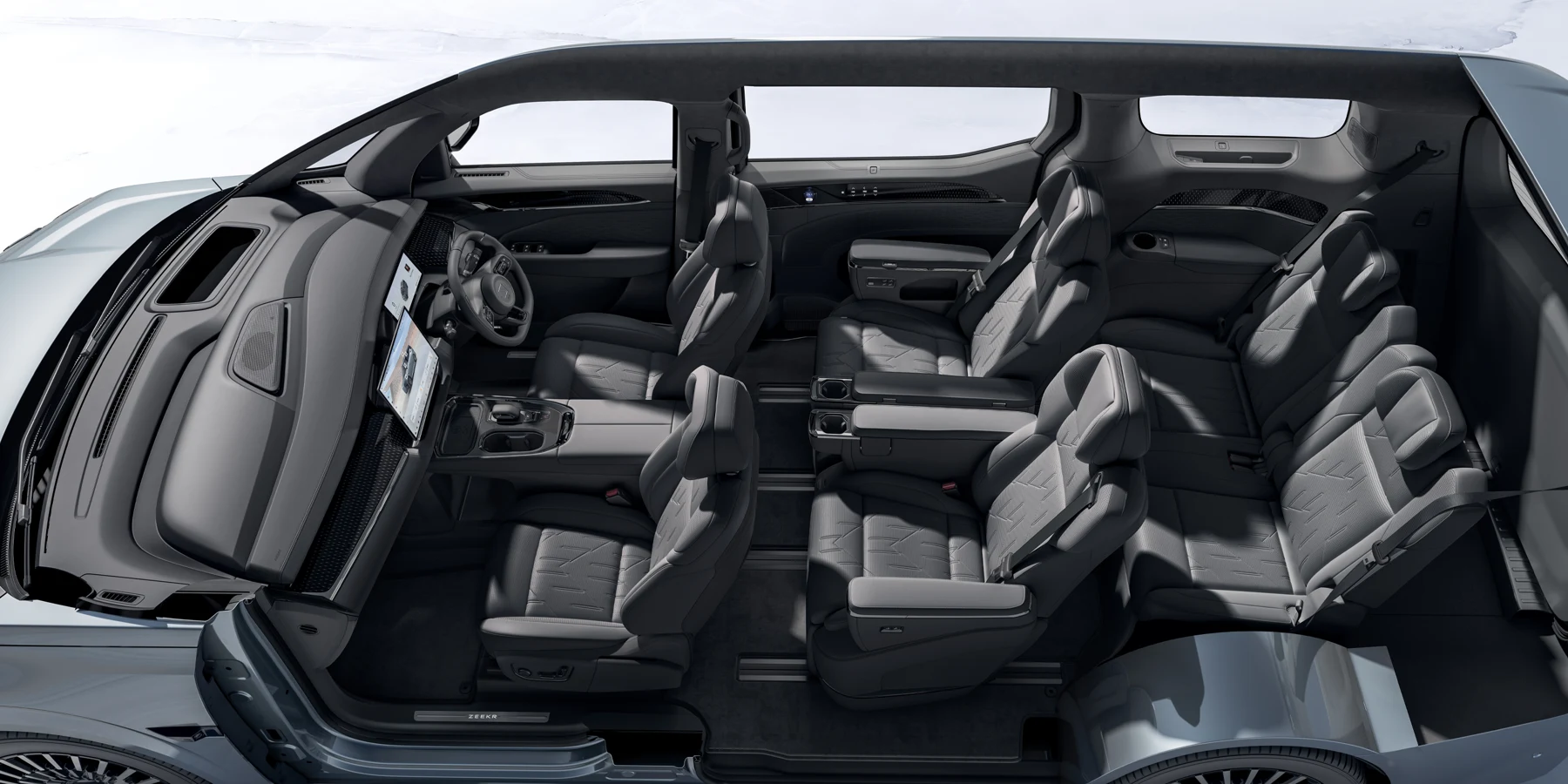 Official ZEEKR cutaway view showing the six individual seats, three rows and rear luggage area